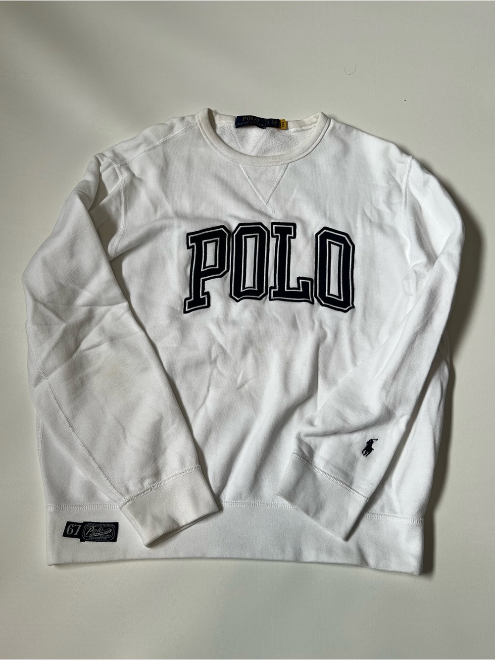 Ralph Lauren White Crewneck Sweatshirt with Black Polo Spell-Out